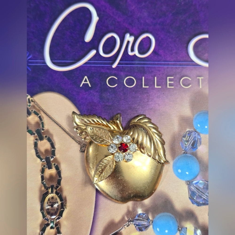 Coro Goldtone Apple With Red Rhinestone Flower Vintage Figural Brooch